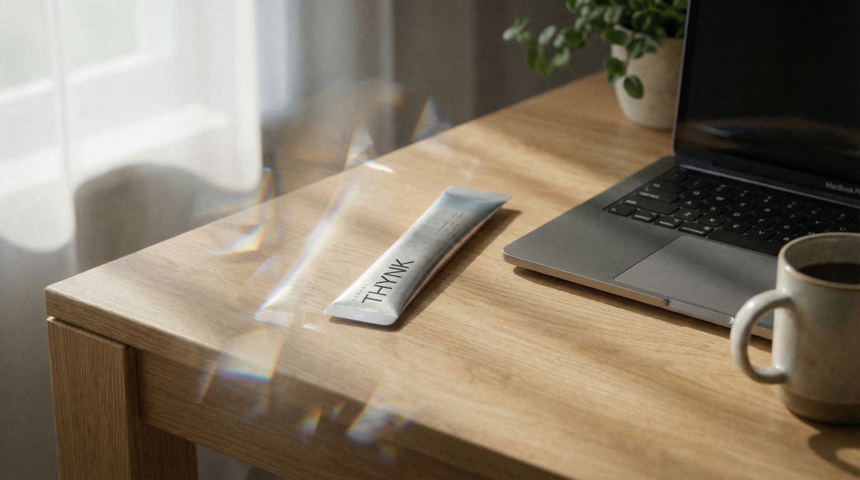 FORMAT THYNK sachet on oak desk with MacBook and coffee